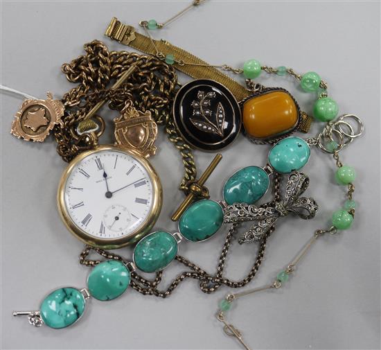 Mixed jewellery including two early 20th century 9ct gold medallions and a mourning brooch.